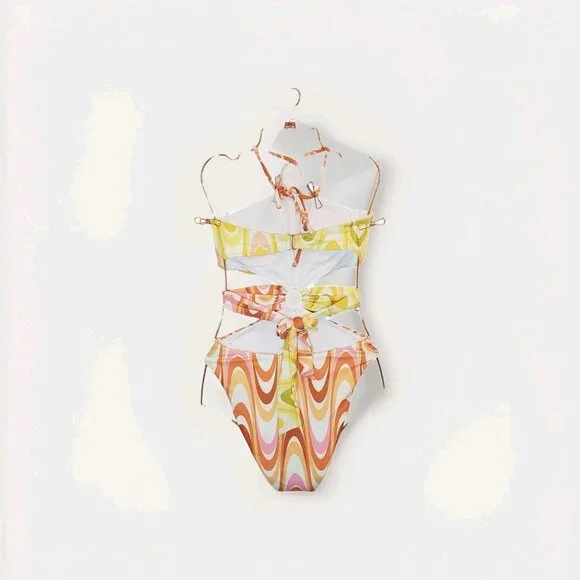 Becca Whirlpool Margot High Neck Halter One Piece Size Small Citrus Retro Print - Picture 2 of 16